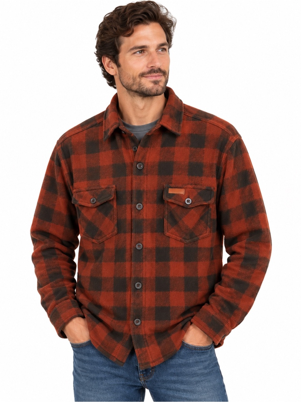 Outback Trading Co Men’s Medium Burnt Orange Brown Plaid Fleece Shirt Jacket